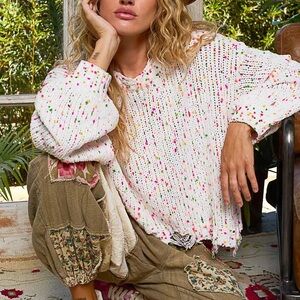 ☃️BOGO50%☃️ 🆕🤍MITTOSHOP: IVORY Rainbow Confetti Distressed Sweater MEDIUM